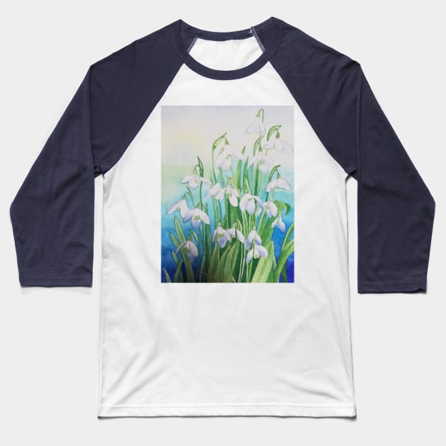 Snowdrops watercolour painting with a blue background. Baseball T-Shirt by esvb